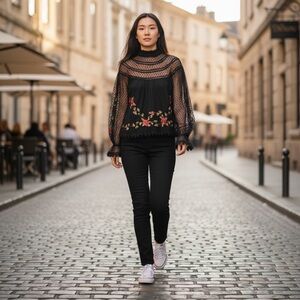 Saylor Sz XS Delilah Embroidered Blouse Lace Swiss Dot Floral Sheer Whimsigoth